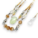 smooth prehnite, opal, green amethyst and mookaite gemstones form the inner layer while the outside is made up of faceted citrine orbs, brass hammered teardrops, and mookaite ombre gemstones necklace