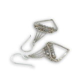 Pair of silver geometric sterling silver earrings with moonstones on delicate sterling silver chain