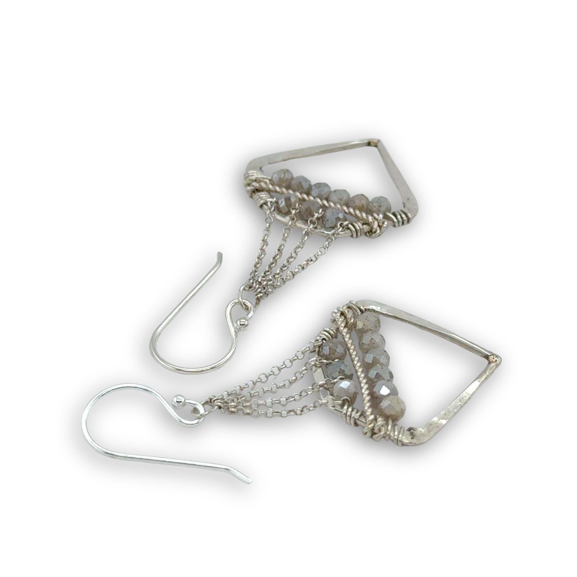 Pair of silver geometric sterling silver earrings with moonstones on delicate sterling silver chain