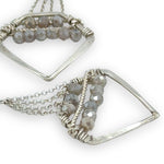 Pair of silver geometric sterling silver earrings with moonstones on delicate sterling silver chain