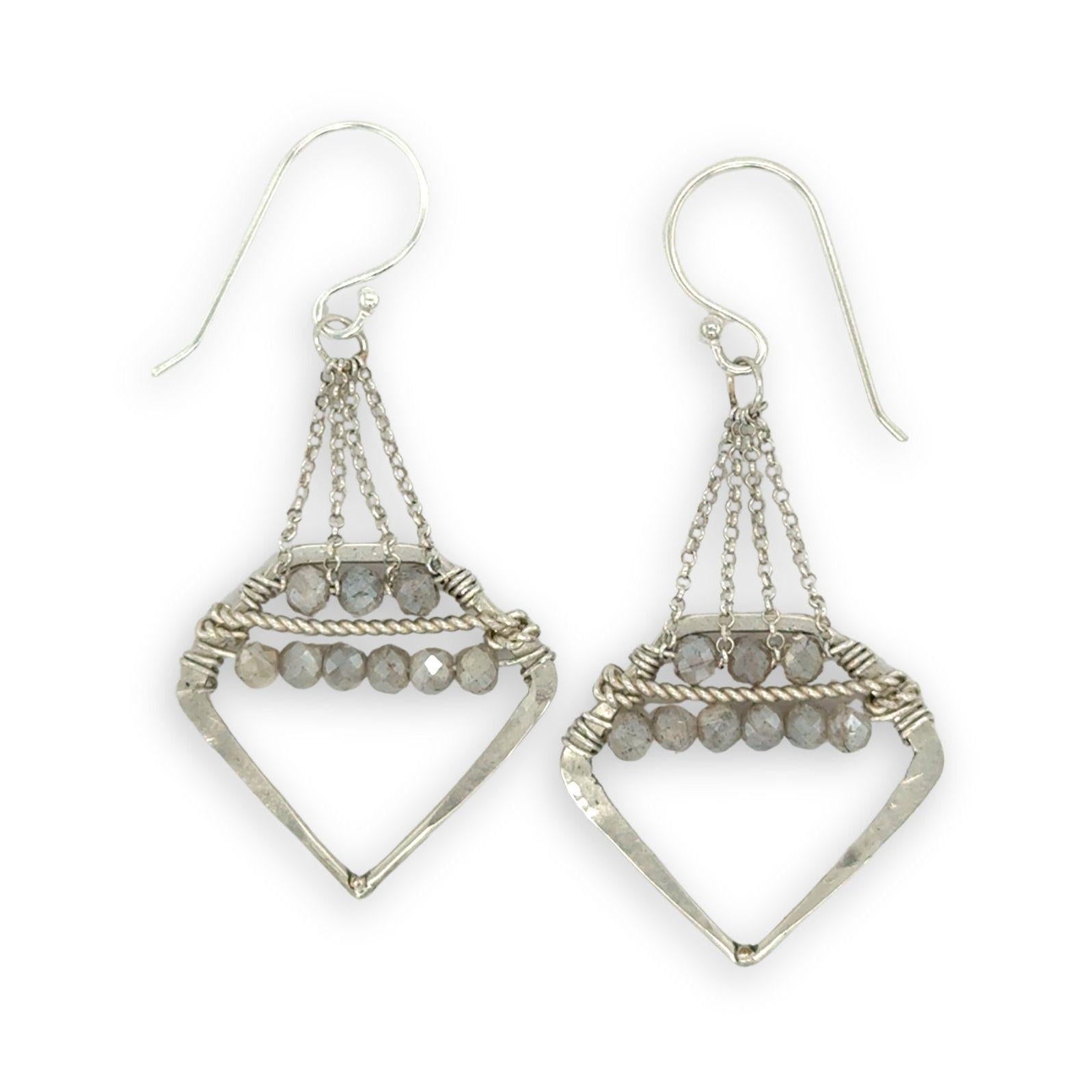 Pair of silver geometric sterling silver earrings with moonstones on delicate sterling silver chain