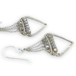 Pair of silver geometric sterling silver earrings with moonstones on delicate sterling silver chain