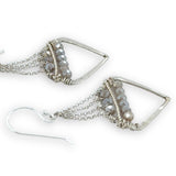 Pair of silver geometric sterling silver earrings with moonstones on delicate sterling silver chain