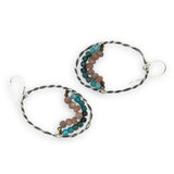 darkened sterling silver twisted hoop earrings with pyrite, mauve moonstone, and chrysocolla faceted gemstones