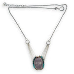 Mauve moonstone nugget pendant surrounded by pyrite and chrysocolla cube gemstones with multi layered chain webbing necklace