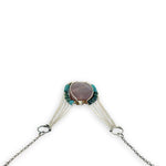 Mauve moonstone nugget pendant surrounded by pyrite and chrysocolla cube gemstones with multi layered chain webbing necklace
