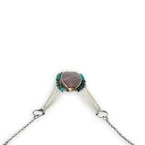 Mauve moonstone nugget pendant surrounded by pyrite and chrysocolla cube gemstones with multi layered chain webbing necklace