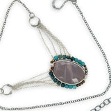 Mauve moonstone nugget pendant surrounded by pyrite and chrysocolla cube gemstones with multi layered chain webbing necklace
