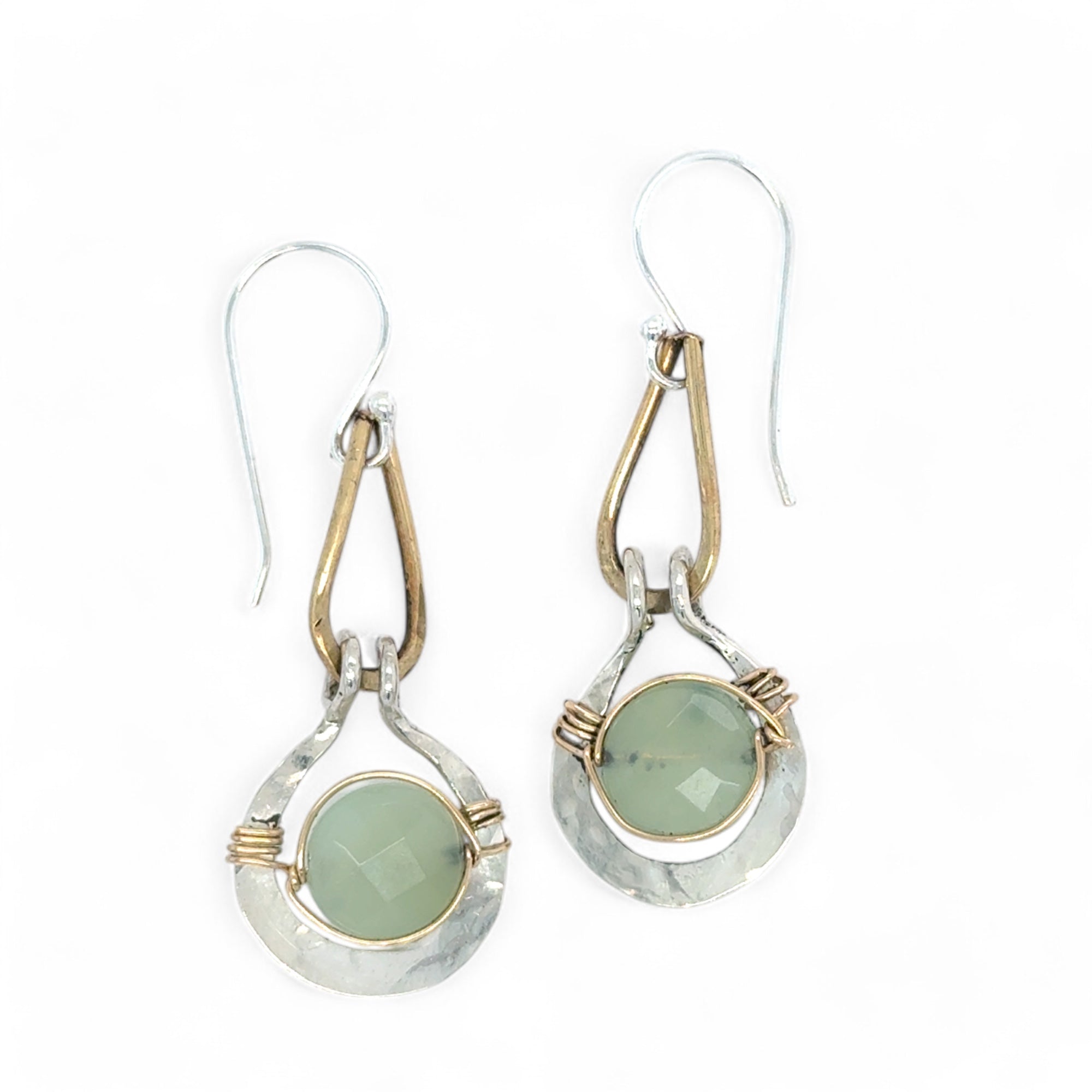 mini sterling silver hammered rings on brass skinny drop earrings with jade faceted coin gemstones wrapped in gold filled wire