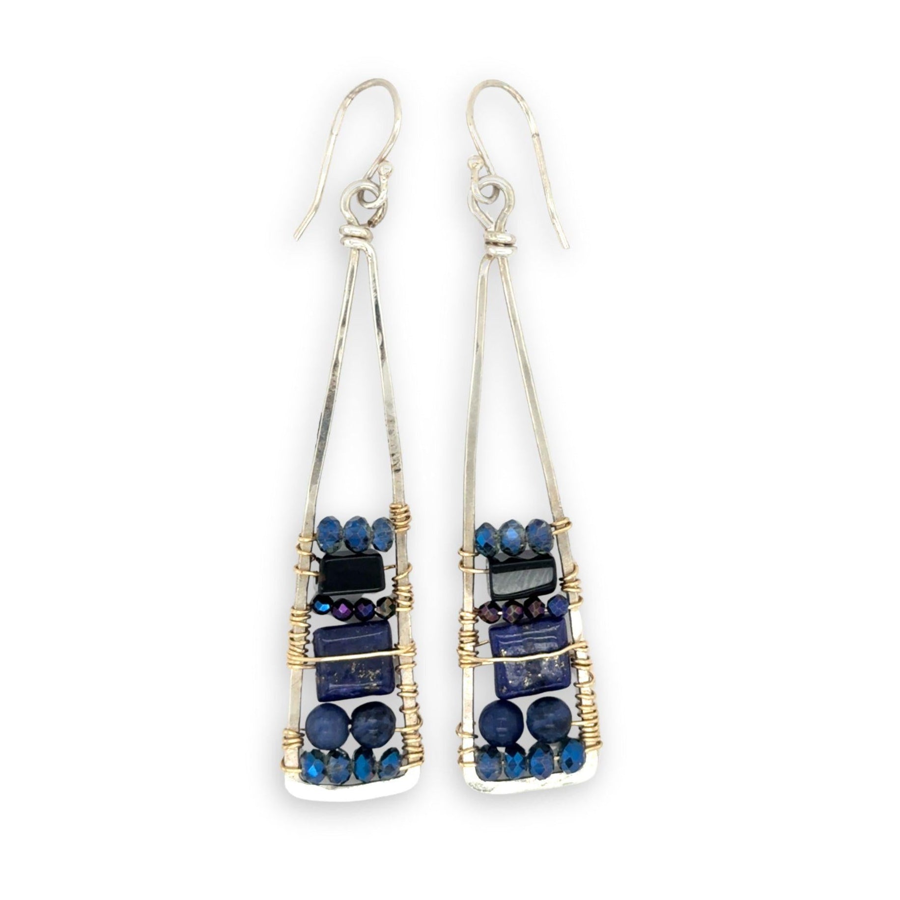 Lapis and onyx gemstones stacked with blue crystal on gold filled wire within a skinny, tall sterling silver triangle shaped earrings