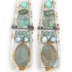 Terra verde smooth oval gemstones layered with light blue fresh water pearl, crystal, and amazonite gemstones on gold filled wire within skinny triangle shaped earrings