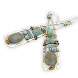 Terra verde smooth oval gemstones layered with light blue fresh water pearl, crystal, and amazonite gemstones on gold filled wire within skinny triangle shaped earrings