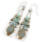 Terra verde smooth oval gemstones layered with light blue fresh water pearl, crystal, and amazonite gemstones on gold filled wire within skinny triangle shaped earrings