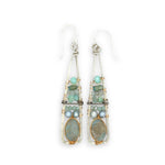Terra verde smooth oval gemstones layered with light blue fresh water pearl, crystal, and amazonite gemstones on gold filled wire within skinny triangle shaped earrings