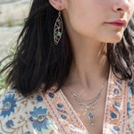 Sterling silver stamped mini drop necklace with smooth tanzanite drop and green kyanite gemstones on a triple strand gold filled. darkened sterling, and handmade sterling link chain