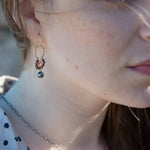 Brass mini handmade earrings with garnet and muted green fresh water pearl dangle 