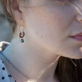 Brass mini handmade earrings with garnet and muted green fresh water pearl dangle 