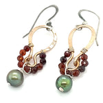 Brass mini handmade earrings with garnet and muted green fresh water pearl dangle 