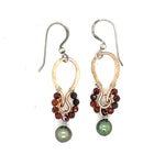 Brass mini handmade earrings with garnet and muted green fresh water pearl dangle 