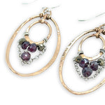 double bronze hammered oval earrings with garnet and pyrite faceted gemstones and delicate sterling silver chain