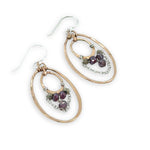 double bronze hammered oval earrings with garnet and pyrite faceted gemstones and delicate sterling silver chain