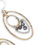 double bronze hammered oval earrings with garnet and pyrite faceted gemstones and delicate sterling silver chain