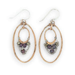 double bronze hammered oval earrings with garnet and pyrite faceted gemstones and delicate sterling silver chain