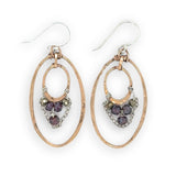 double bronze hammered oval earrings with garnet and pyrite faceted gemstones and delicate sterling silver chain