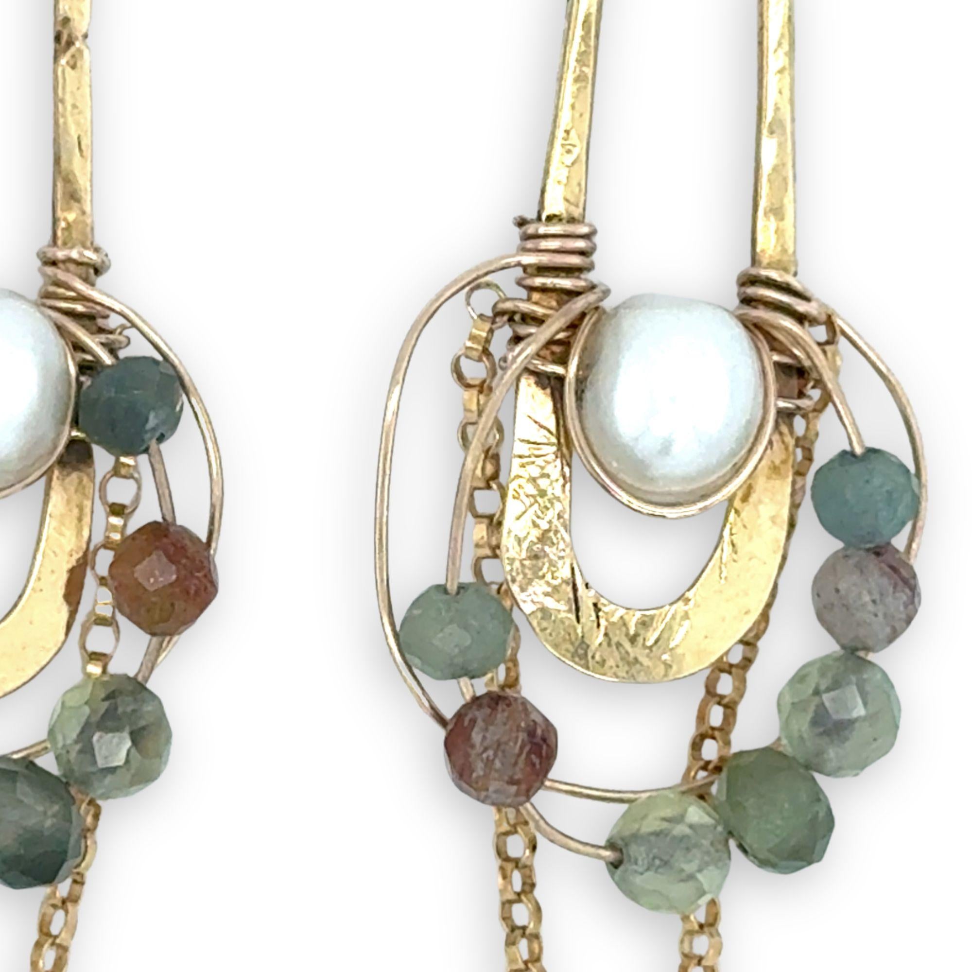 Hammered skinny oval and gold filled chain chandelier earrings accented with fresh water pearl, green kyanite, rutilated quartz gemstones on gold filled wire