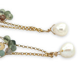 Hammered skinny oval and gold filled chain chandelier earrings accented with fresh water pearl, green kyanite, rutilated quartz gemstones on gold filled wire