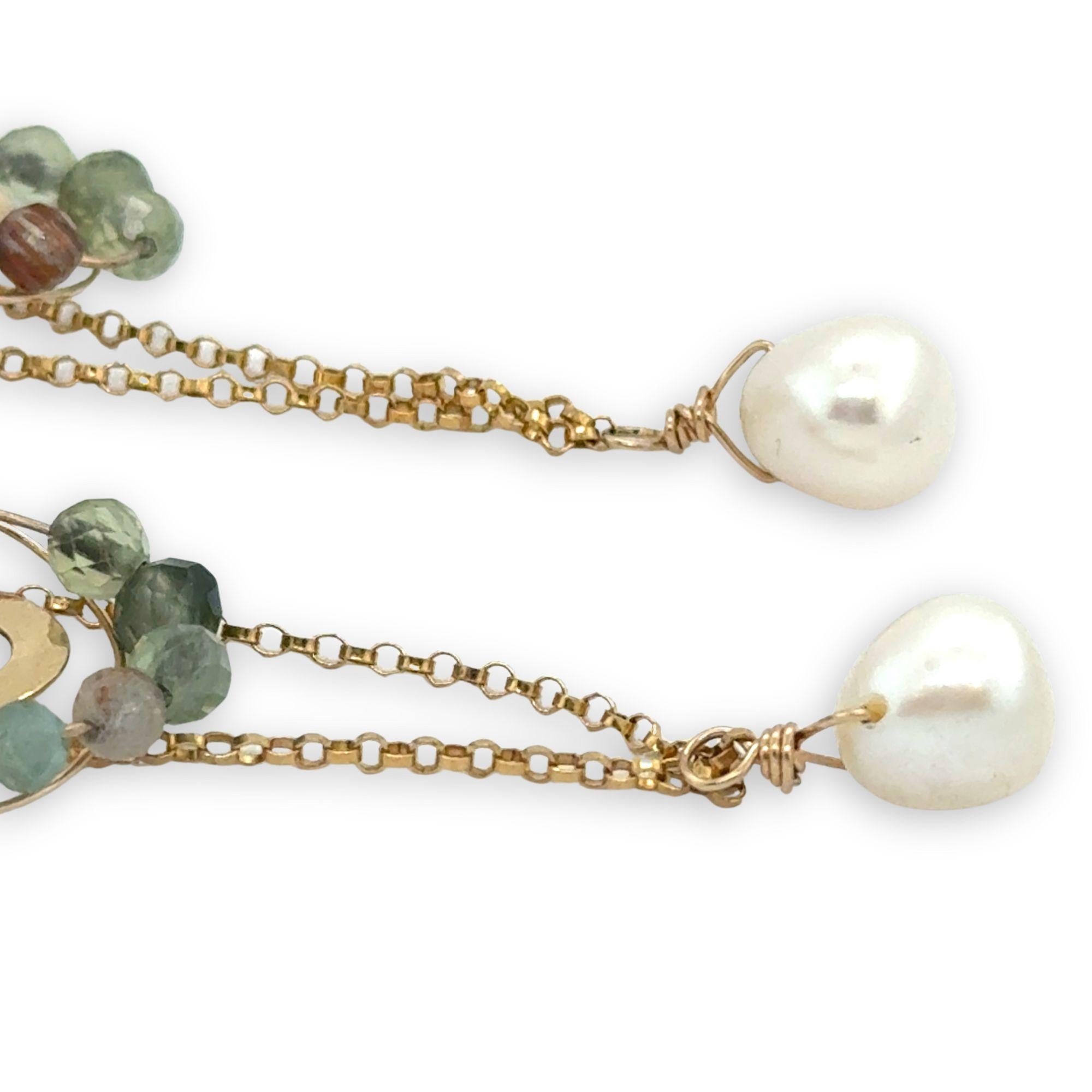 Hammered skinny oval and gold filled chain chandelier earrings accented with fresh water pearl, green kyanite, rutilated quartz gemstones on gold filled wire