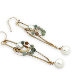 Hammered skinny oval and gold filled chain chandelier earrings accented with fresh water pearl, green kyanite, rutilated quartz gemstones on gold filled wire