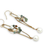 Hammered skinny oval and gold filled chain chandelier earrings accented with fresh water pearl, green kyanite, rutilated quartz gemstones on gold filled wire