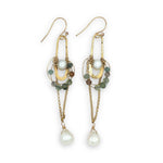 Hammered skinny oval and gold filled chain chandelier earrings accented with fresh water pearl, green kyanite, rutilated quartz gemstones on gold filled wire