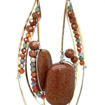 Bronze elongated semi circle earrings with goldstone gemstones and multi colored cubic zirconia