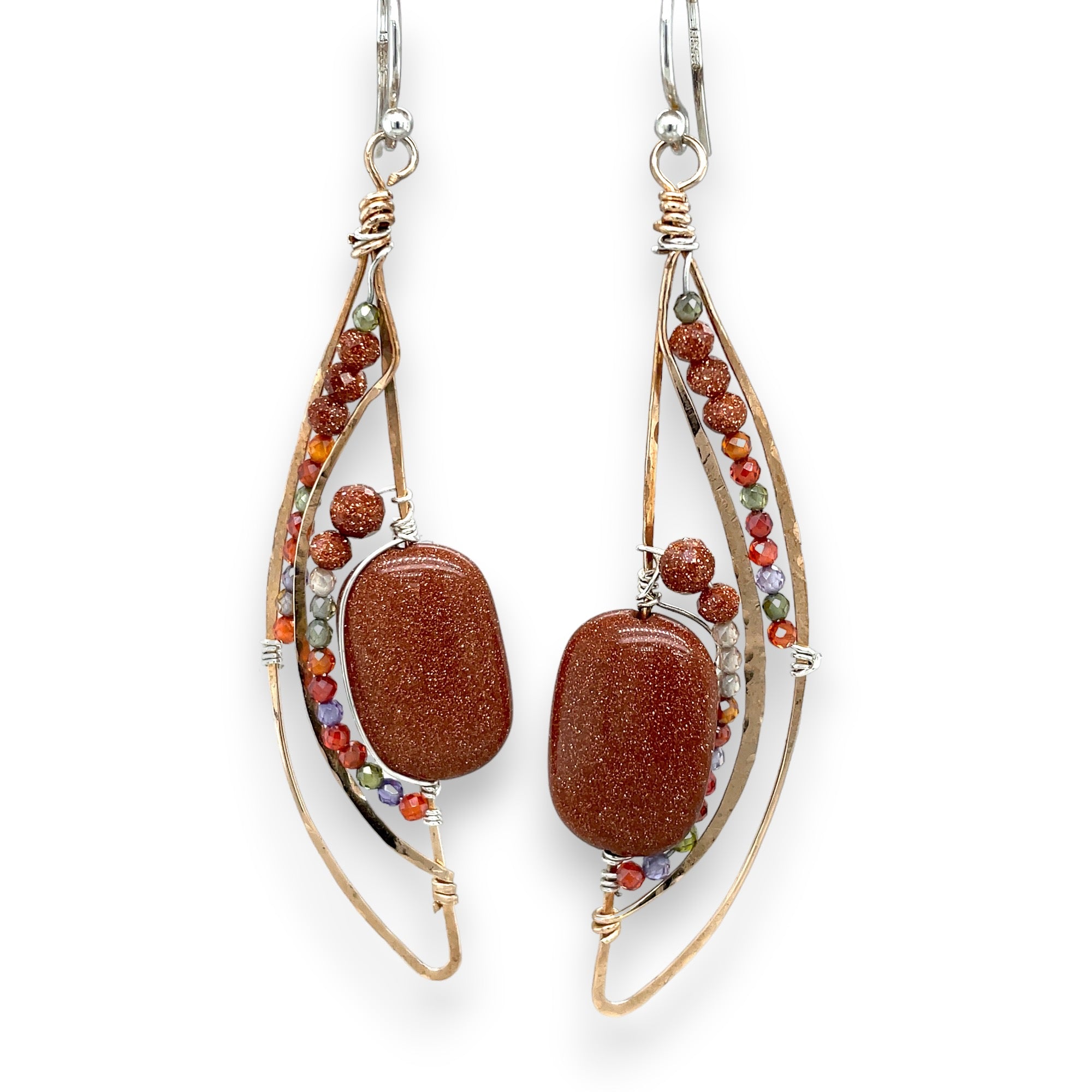 Bronze elongated semi circle earrings with goldstone gemstones and multi colored cubic zirconia