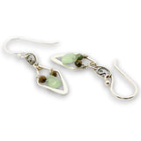 Tiny sterling silver diamonds on a fancy filigree link earrings with a tiny mint green jade teardrop and turquoise gemstones
