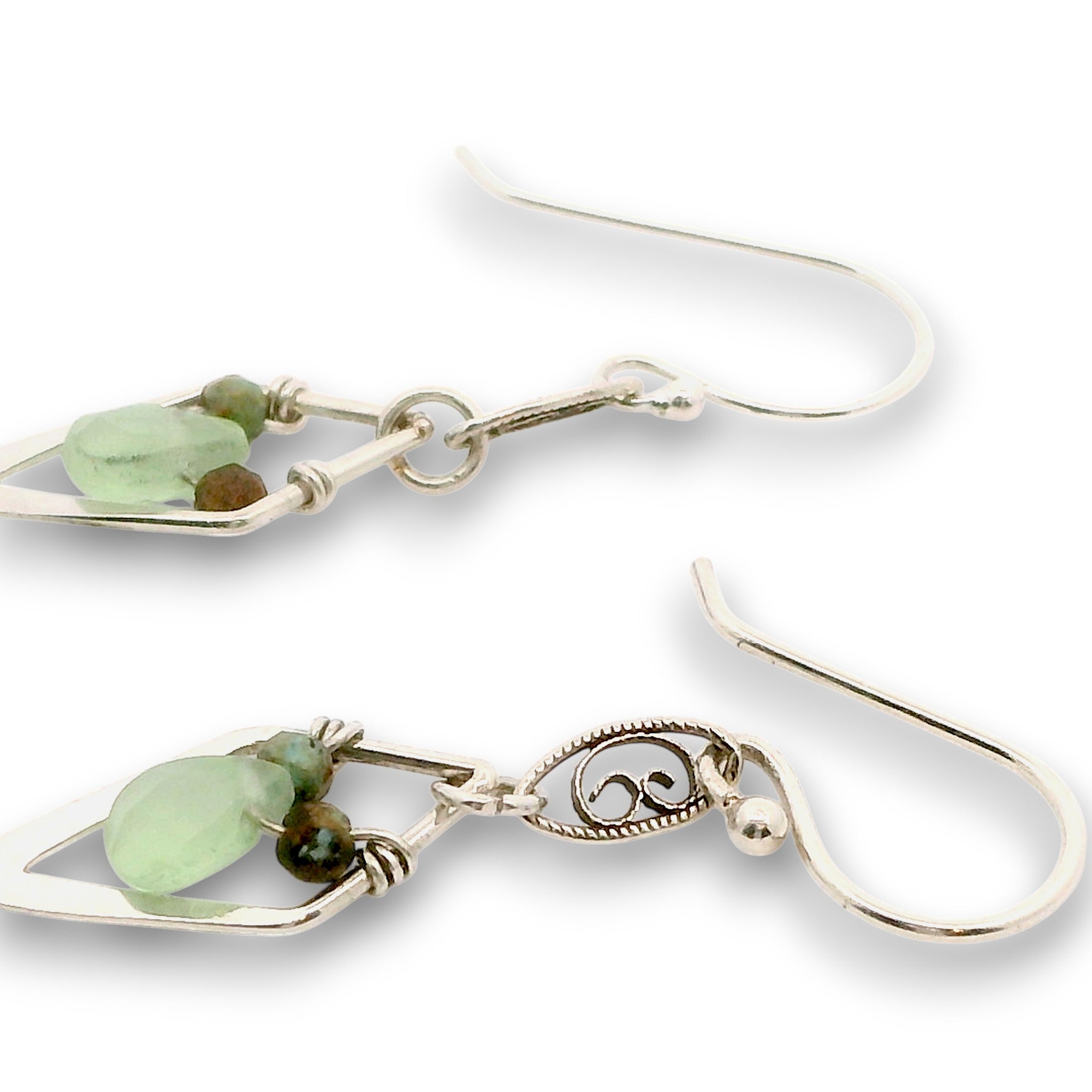 Tiny sterling silver diamonds on a fancy filigree link earrings with a tiny mint green jade teardrop and turquoise gemstones