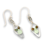 Tiny sterling silver diamonds on a fancy filigree link earrings with a tiny mint green jade teardrop and turquoise gemstones