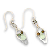 Tiny sterling silver diamonds on a fancy filigree link earrings with a tiny mint green jade teardrop and turquoise gemstones