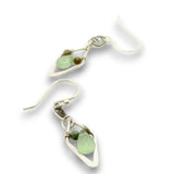 Tiny sterling silver diamonds on a fancy filigree link earrings with a tiny mint green jade teardrop and turquoise gemstones