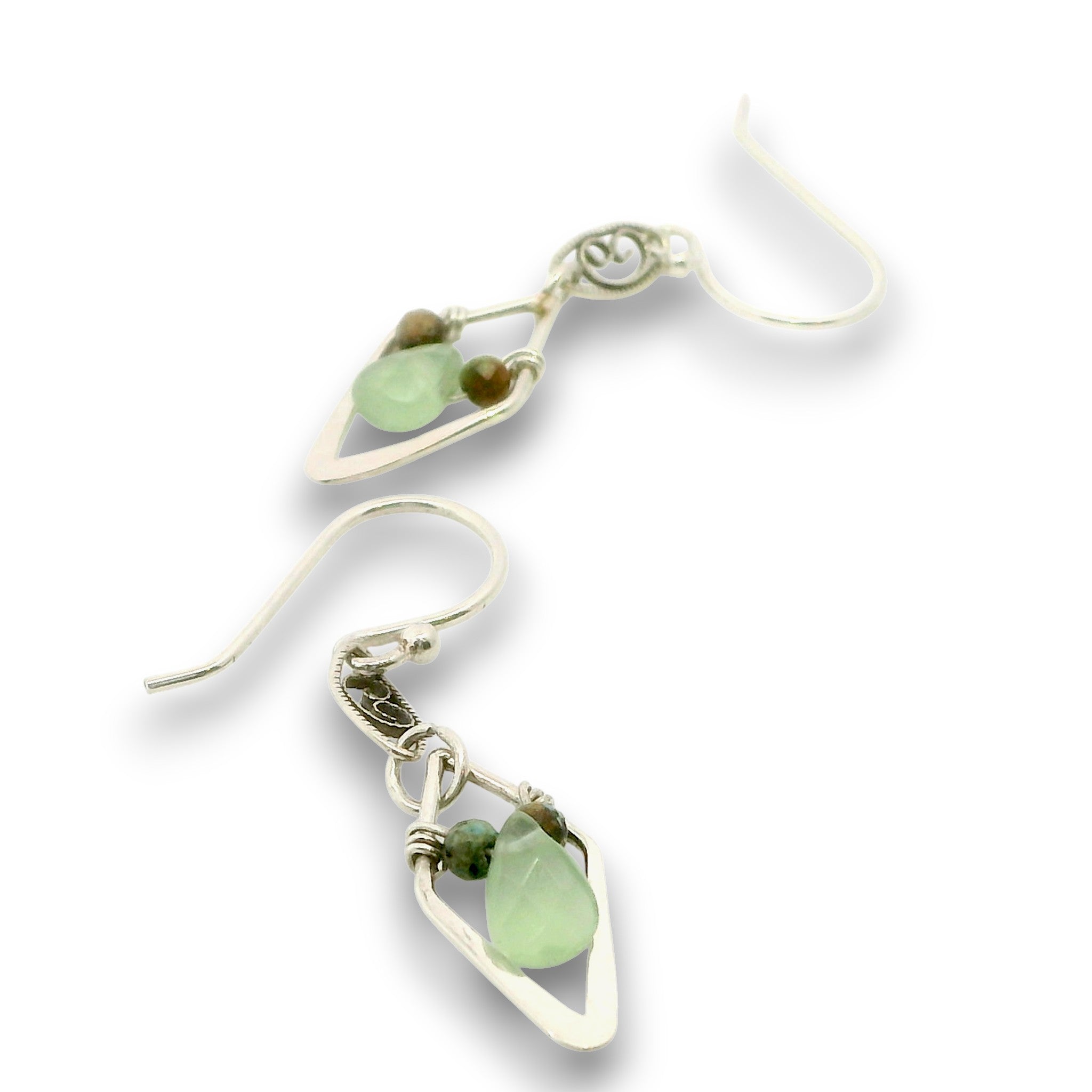 Tiny sterling silver diamonds on a fancy filigree link earrings with a tiny mint green jade teardrop and turquoise gemstones