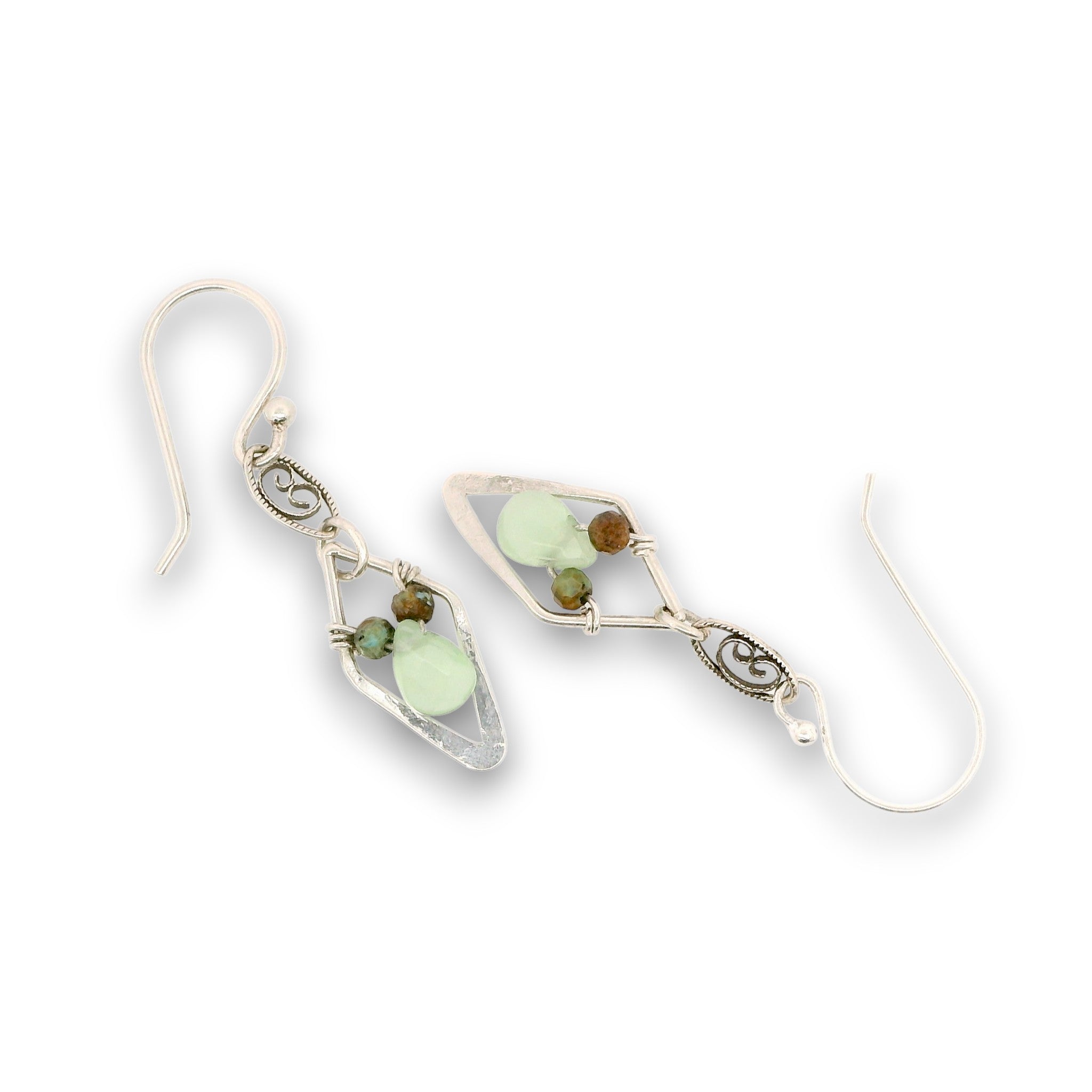 Tiny sterling silver diamonds on a fancy filigree link earrings with a tiny mint green jade teardrop and turquoise gemstones
