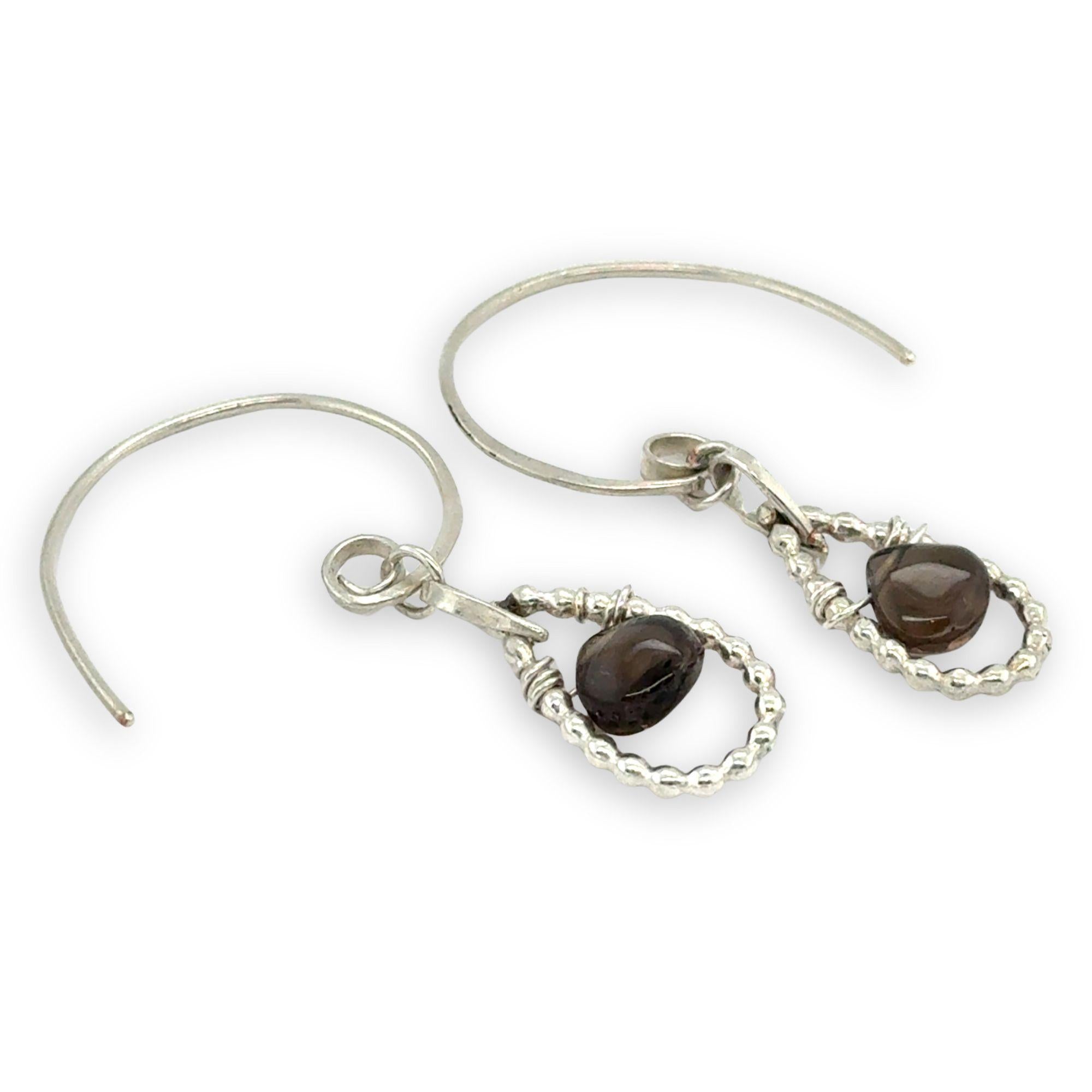 sterling silver dot wire mini teardrops with smooth smokey quartz drop gemstones on our handmade sterling mini hoop hook earrings