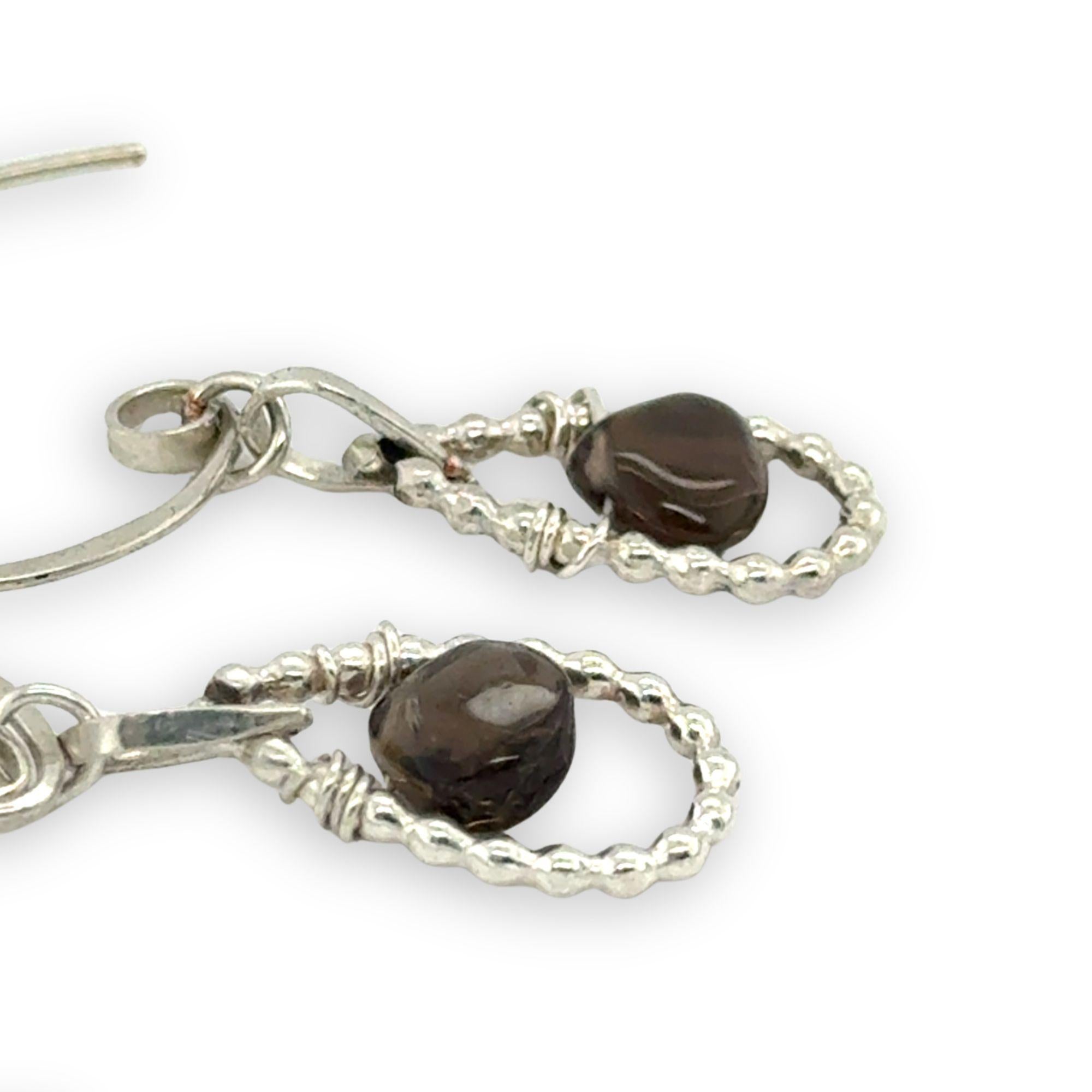 sterling silver dot wire mini teardrops with smooth smokey quartz drop gemstones on our handmade sterling mini hoop hook earrings
