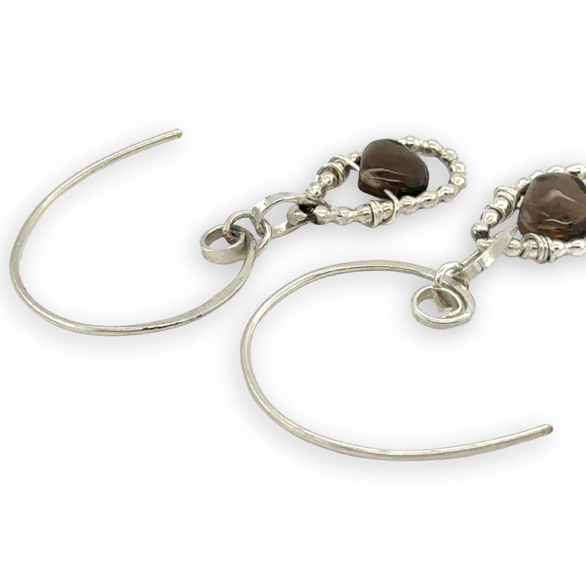 sterling silver dot wire mini teardrops with smooth smokey quartz drop gemstones on our handmade sterling mini hoop hook earrings