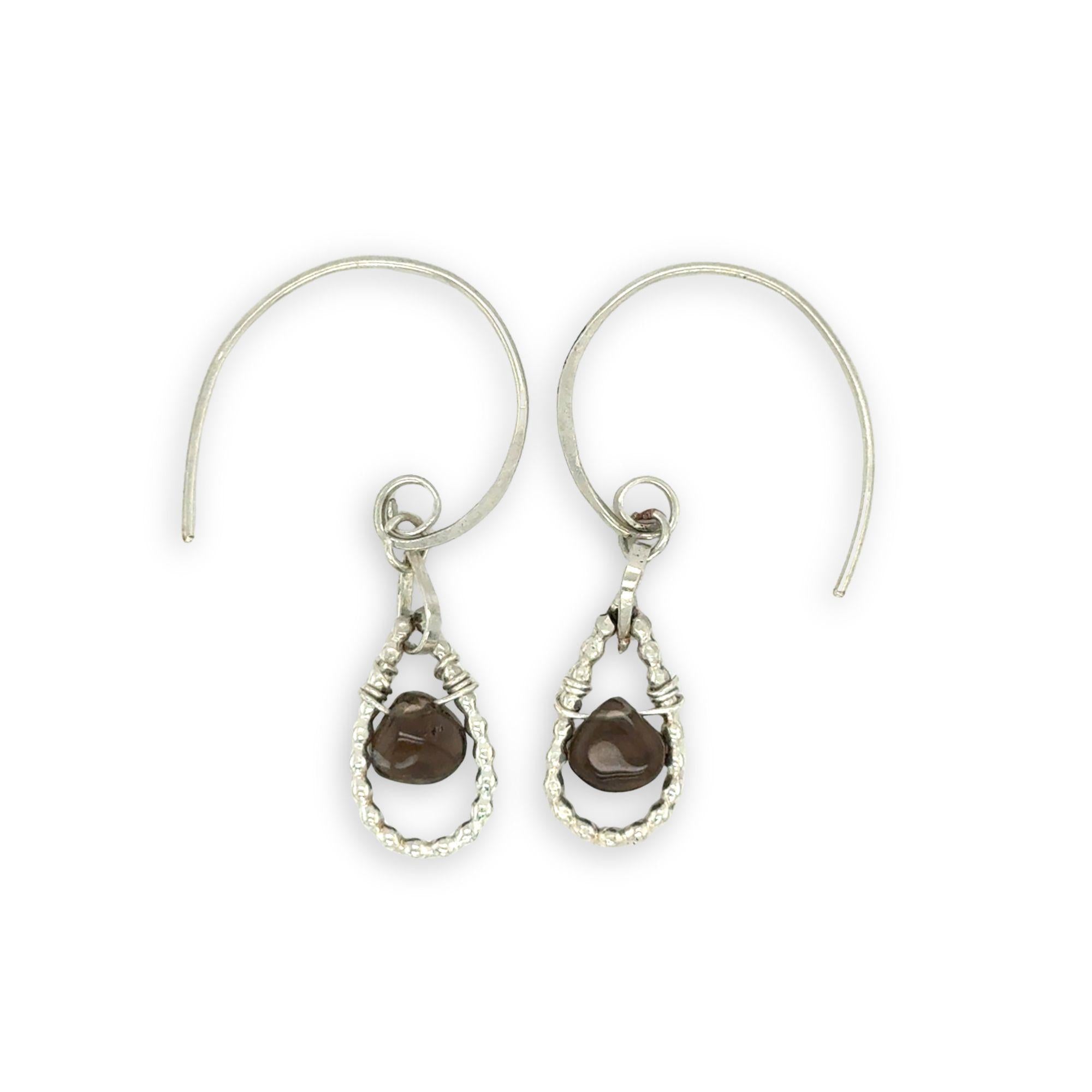 sterling silver dot wire mini teardrops with smooth smokey quartz drop gemstones on our handmade sterling mini hoop hook earrings