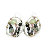 Sterling silver oval earrings with a garden of jade coin, watermelon tourmaline, crystal, and ruby zoisite gemstones in gold filled wire