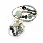 Sterling silver oval earrings with a garden of jade coin, watermelon tourmaline, crystal, and ruby zoisite gemstones in gold filled wire