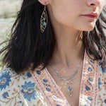 A pair of tourmaline and jade gemstone marquise bronze earrings with twisted sterling silver and crystal